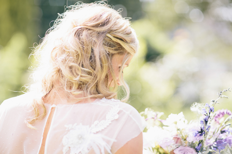 Blonde hair sheer sleeves wedding dress