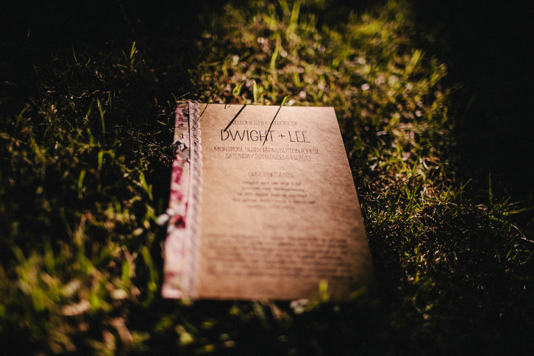 Wedding program stationary with fabric binding