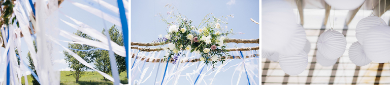 Blue and white ribbons wedding ceremony