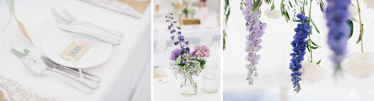 Purple pink and blue wedding reception flowers