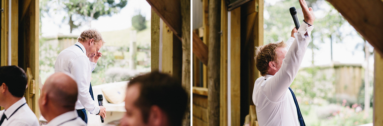 toasts and speeches outdoor wedding reception Te Horo Beach wedding black and white