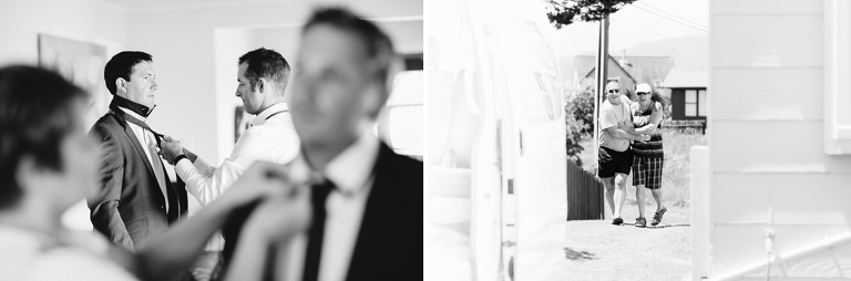 Groom and groomsmen getting ready Te Horo Beach wedding black and white