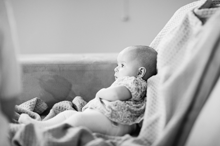 baby on couch Wellington in home, family photography, natural light black and white 