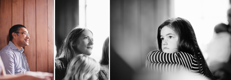 children and guests watching ceremony Burnside Church Martinborough Wedding natural light black and white 