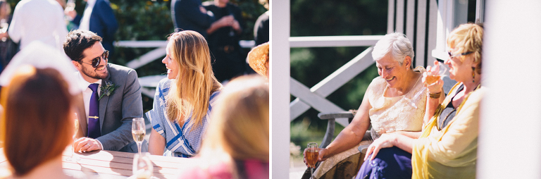 guests enjoying outdoor reception with drinks Pauatahanui Inlet Wellington wedding natural light