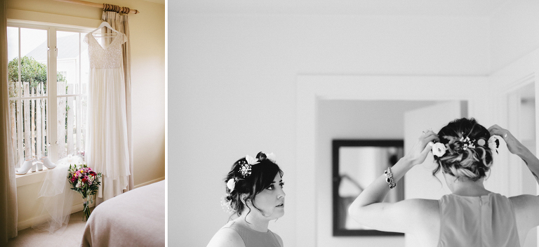 bridal gown in window and bridemaids with flower crowns Martinborough Brackenridge Estate wedding 