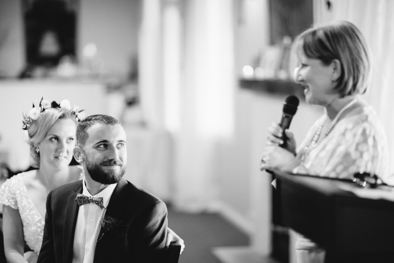 mother of bride giving toast during reception Martinborough Brackenridge Estate wedding natural light black and white