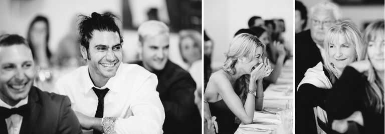 Guests laughing toasts during reception Martinborough Brackenridge Estate wedding natural light black and white