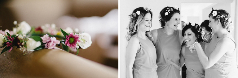 close up of flowers and bridesmaids laughing Martinborough Brackenridge Estate wedding black and white natural light