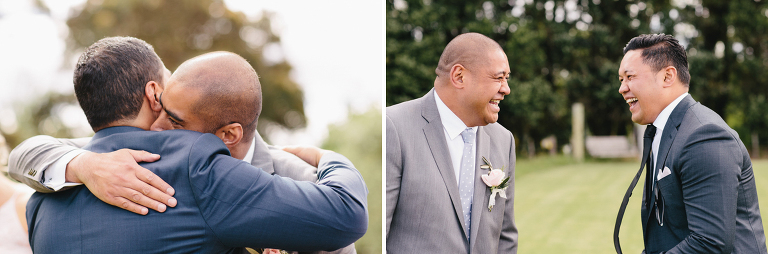 Groom laughing and hugging groomsmen Riversdale Wedding natural light
