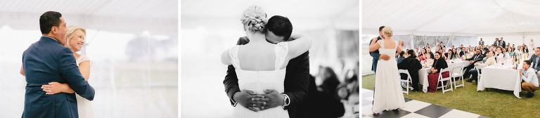 groom and bride smiling and dancing at reception Riversdale Wedding natural light black and white